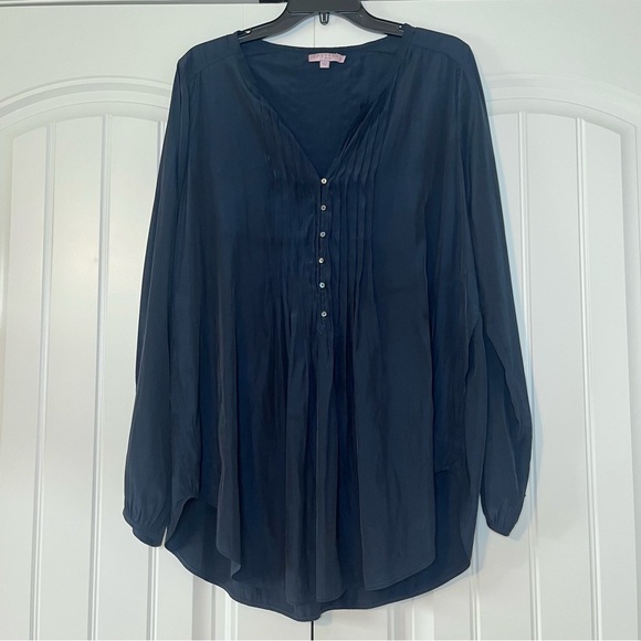 Calypso St. Barth Pintuck Pleated Long Sleeve Blouse Size Large Navy Blue - Picture 1 of 7